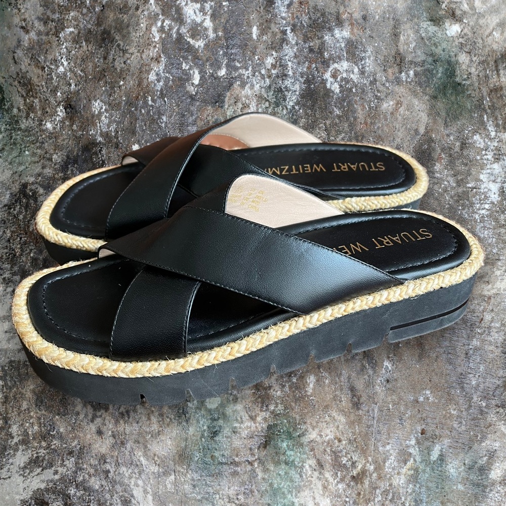 Stuart Weitzman size 7 Black Leather Crisscross Rope-Trim Sandals - Picture 3 of 8